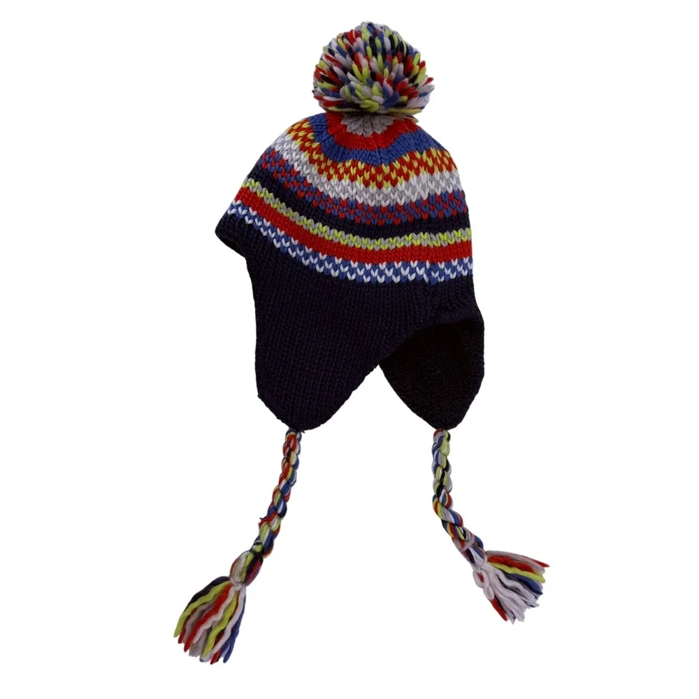 LL Bean Kids Navy Blue Striped Knit Trapper Hat Pom Pom Fleece Lined Small / Med